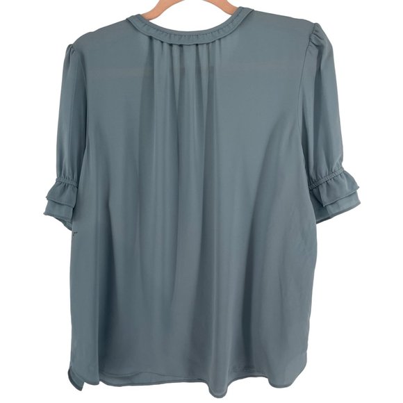 SOLD LOFT Women's Size Large Blue Ruffle Trim Short-Sleeved Blouse - Picture 2 of 5